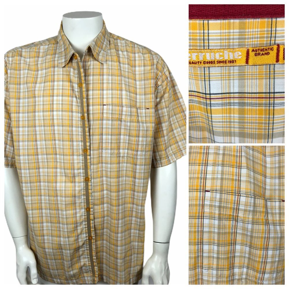 Ferruche Men's XL Yellow Plaid Short Sleeve Button Down Shirt 100% Cotton Casual